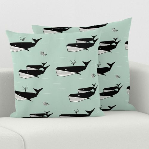 Whales - geometric whales mint black and white 