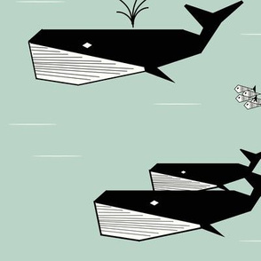 Whales - geometric whales mint black and white 