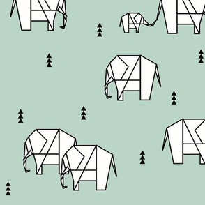 Geo elephants - mint elephants safari animals geometric black and white on mint 