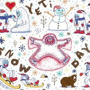 Yeti winter Snow Day snow angel, large scale, white red blue brown yellow
