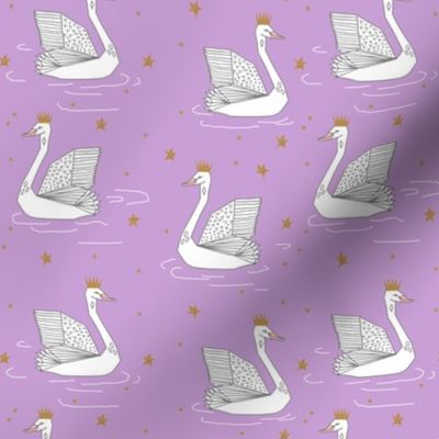 princess swan // swans fabric purple swan design gold stars gold crown tiaras andrea lauren fabric andrea lauren design