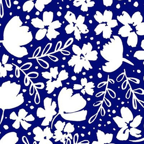 Love Blossoms Floral Pattern - White on Royal Blue