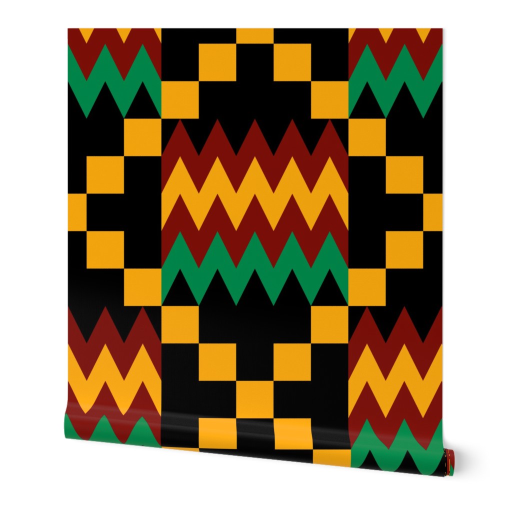 Jumbo Yellow, Green, Red, on Black, Kente Cloth