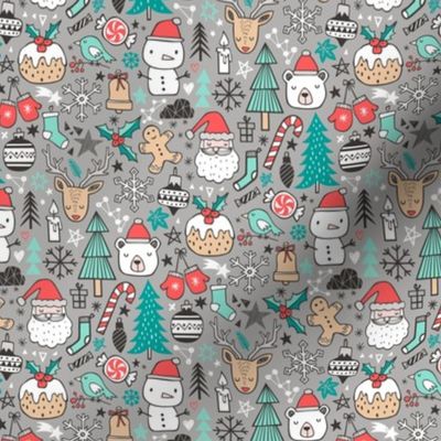 Xmas Christmas Winter Holiday Doodle with Snowman, Santa, Deer, Snowflakes, Trees, Mittens on Grey Tiny small