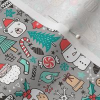 Xmas Christmas Winter Holiday Doodle with Snowman, Santa, Deer, Snowflakes, Trees, Mittens on Grey Tiny small