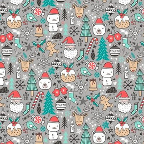 Xmas Christmas Winter Holiday Doodle with Snowman, Santa, Deer, Snowflakes, Trees, Mittens on Grey Tiny small