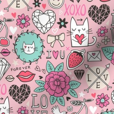 Valentine Love Doodle with Cats, Roses, Flowers, Hearts and Gemstones on Pink