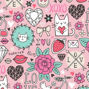 Valentine Love Doodle with Cats, Roses, Flowers, Hearts and Gemstones on Pink