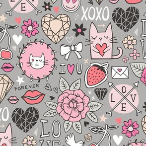 Valentine Love Doodle with Cats, Roses, Flowers, Hearts and Gemstones on Grey