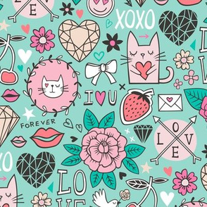 Valentine Love Doodle with Cats, Roses, Flowers, Hearts and Gemstones on Mint Green