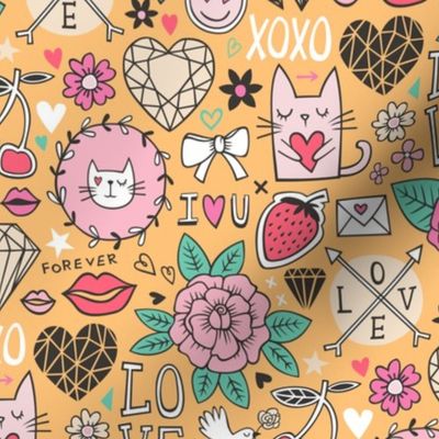 Valentine Love Doodle with Cats, Roses, Flowers, Hearts and Gemstones on Orange Yellow
