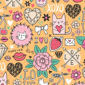 Valentine Love Doodle with Cats, Roses, Flowers, Hearts and Gemstones on Orange Yellow