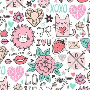 Valentine Love Doodle with Cats, Roses, Flowers, Hearts and Gemstones on White