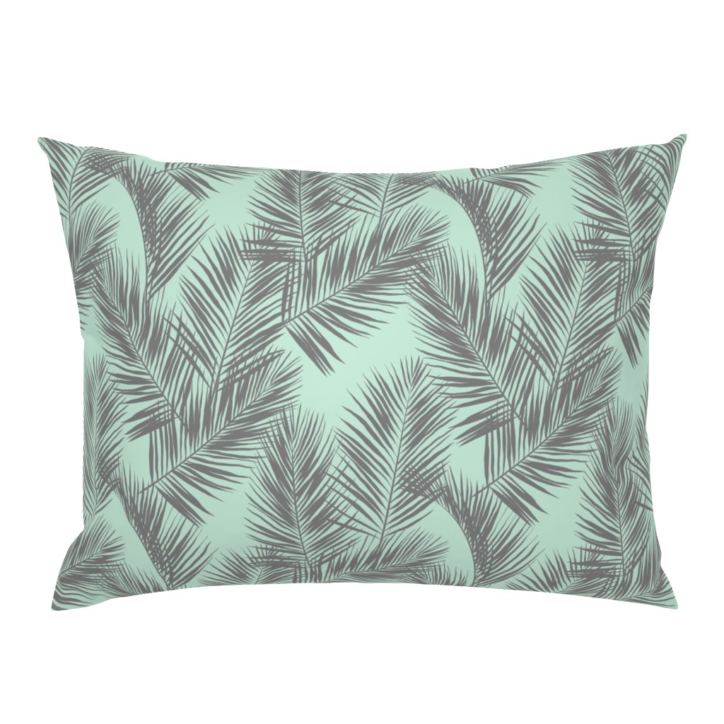 palm leaves - gray on mint, small. silhuettes tropical forest gray grey mint light green hot summer palm plant tree leaves fabric wallpaper giftwrap