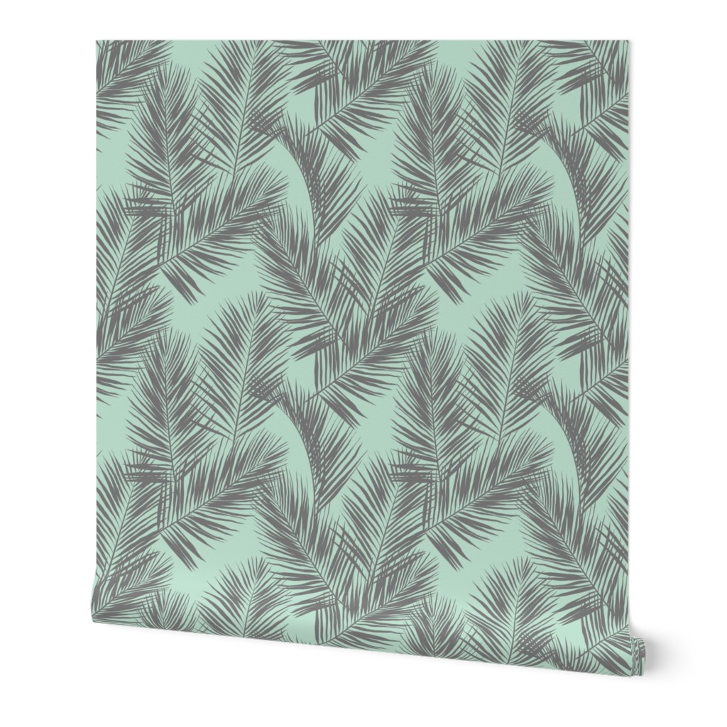 palm leaves - gray on mint, small. silhuettes tropical forest gray grey mint light green hot summer palm plant tree leaves fabric wallpaper giftwrap