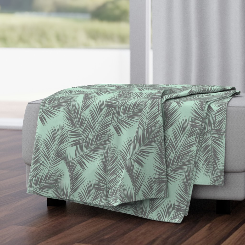 palm leaves - gray on mint, small. silhuettes tropical forest gray grey mint light green hot summer palm plant tree leaves fabric wallpaper giftwrap