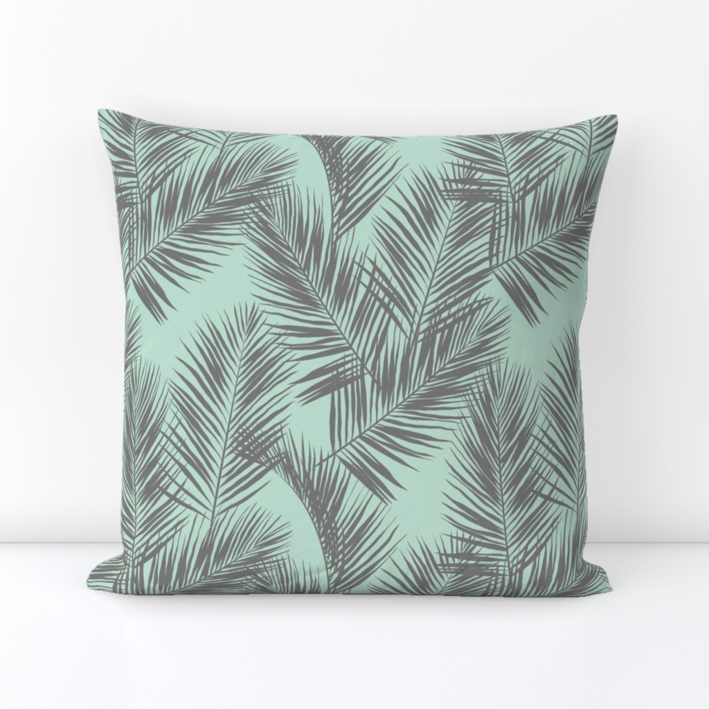 palm leaves - gray on mint, small. silhuettes tropical forest gray grey mint light green hot summer palm plant tree leaves fabric wallpaper giftwrap