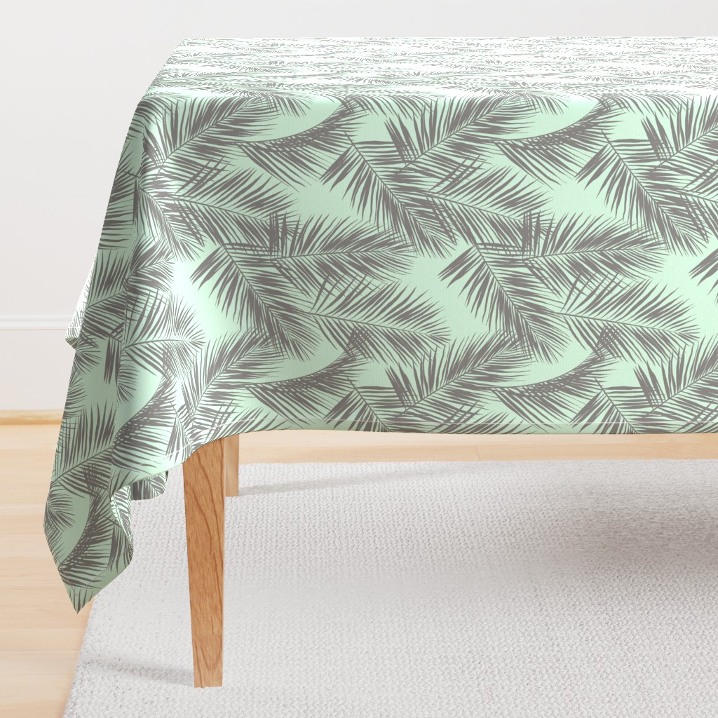 palm leaves - gray on mint, small. silhuettes tropical forest gray grey mint light green hot summer palm plant tree leaves fabric wallpaper giftwrap