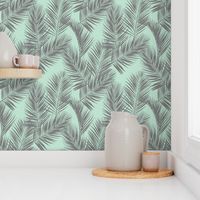 palm leaves - gray on mint, small. silhuettes tropical forest gray grey mint light green hot summer palm plant tree leaves fabric wallpaper giftwrap