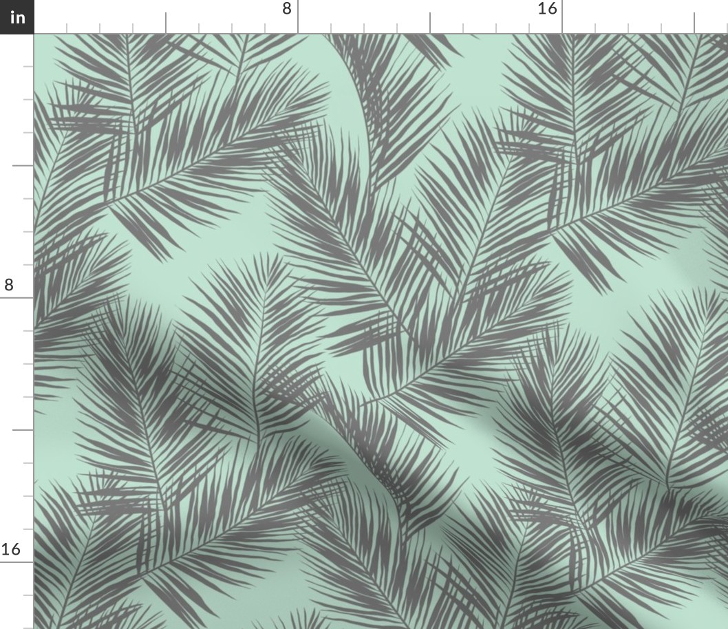 palm leaves - gray on mint, small. silhuettes tropical forest gray grey mint light green hot summer palm plant tree leaves fabric wallpaper giftwrap