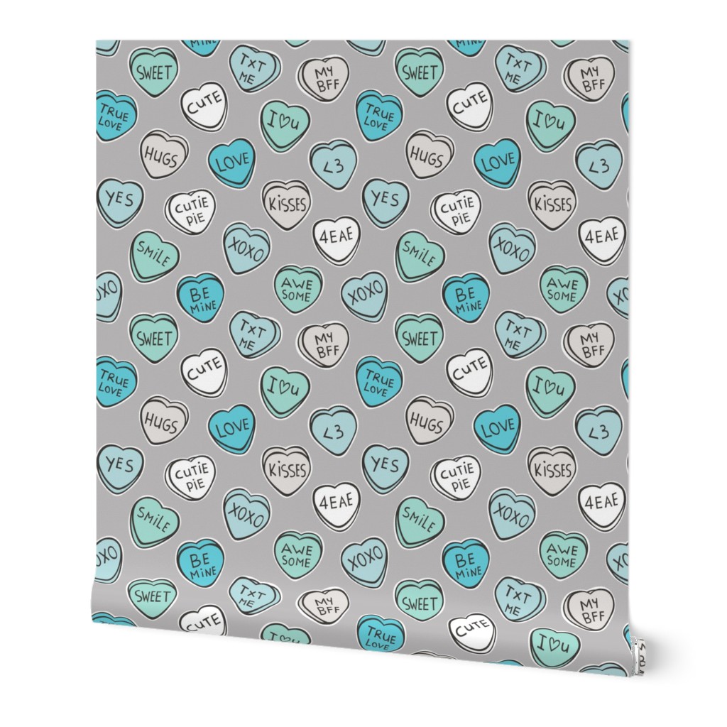 Conversation Candy Hearts Valentine Love  Mint Green Blue on Grey