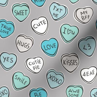 Conversation Candy Hearts Valentine Love  Mint Green Blue on Grey