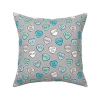 Conversation Candy Hearts Valentine Love  Mint Green Blue on Grey