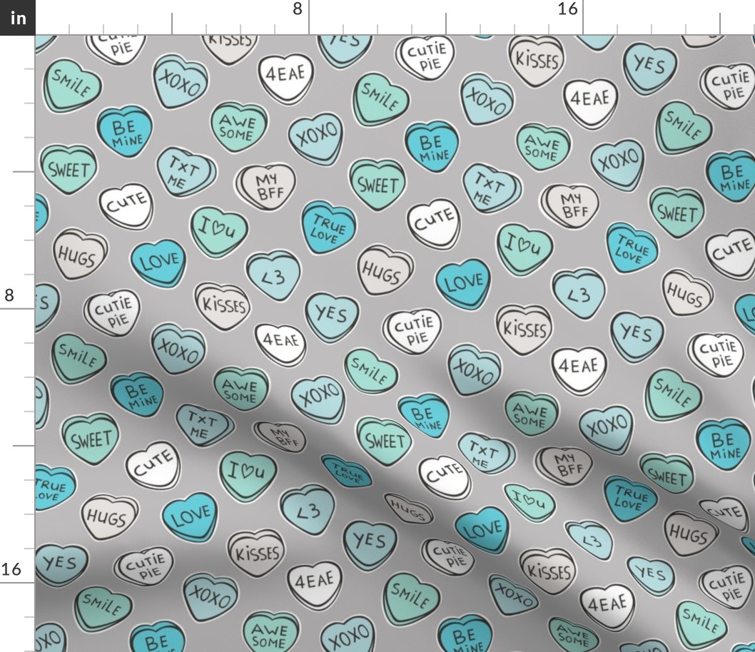 Conversation Candy Hearts Valentine Love  Mint Green Blue on Grey