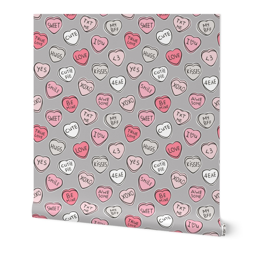 Conversation Candy Hearts Valentine Love Red  Pink on Grey