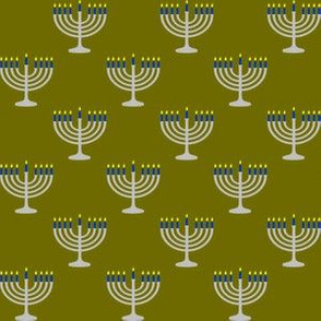 One Inch Matte Silver and Blue Menorahs on Olive Green