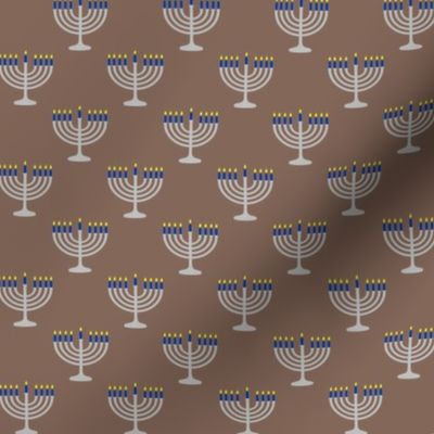 One Inch Matte Silver and Blue Menorahs on Taupe Brown