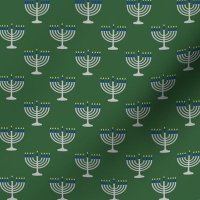 One Inch Matte Silver and Blue Menorahs on Hunter Green