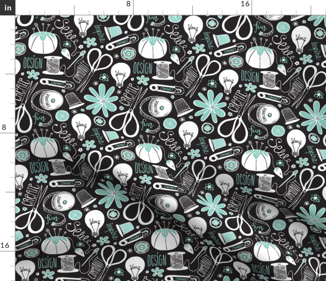 Design Sew Creativity - Sewing Typography Black White Aqua