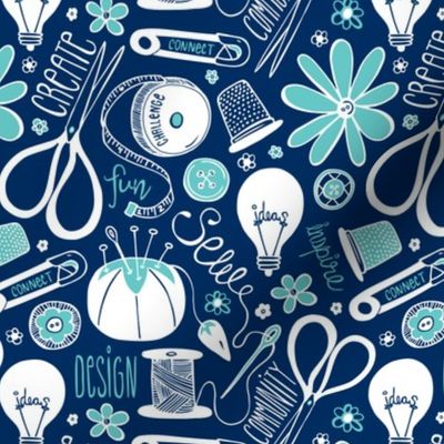 Design Sew Creativity - Sewing Typography Navy Aqua White Regular Scale