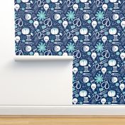 Design Sew Creativity - Sewing Typography Navy Aqua White Regular Scale