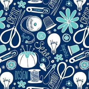 Design Sew Creativity - Sewing Typography Navy Aqua White Regular Scale