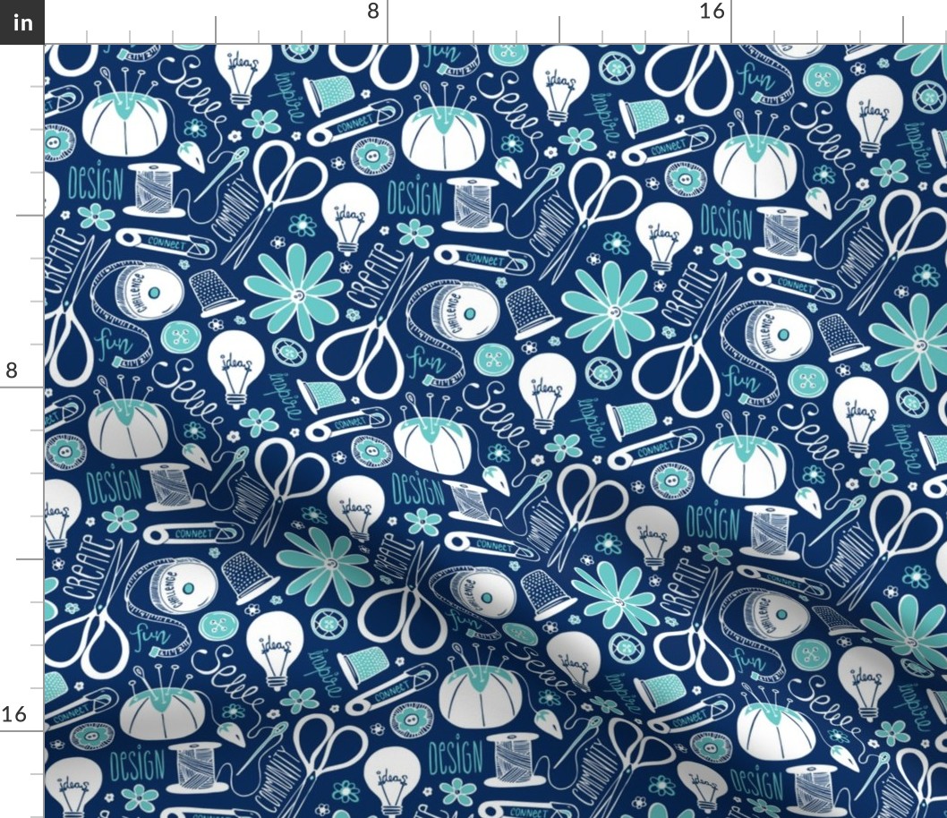 Design Sew Creativity - Sewing Typography Navy Aqua White Regular Scale