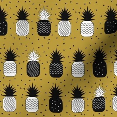 Pineapples - geometric pineapples ananas mustard black and white, tropical fruit