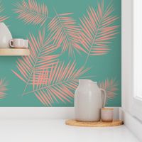 Palm leaf - tropical coral pink on Aqua green summer fun 