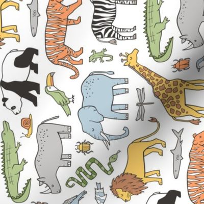 Zoo Jungle Animals Doodle with Panda, Giraffe, Lion, Tiger, Elephant, Zebra,  Birds Rotated