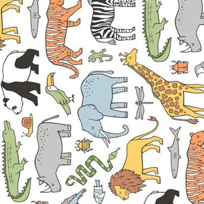 Zoo Jungle Animals Doodle with Panda, Giraffe, Lion, Tiger, Elephant, Zebra,  Birds Rotated