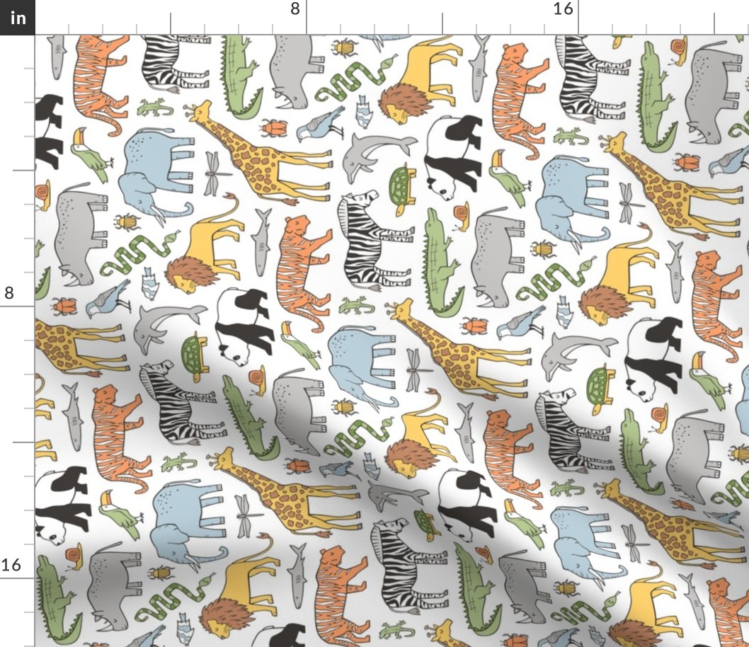 Zoo Jungle Animals Doodle with Panda, Giraffe, Lion, Tiger, Elephant, Zebra,  Birds Rotated