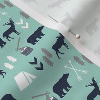 woodland camping boys nursery grey mint navy blue kids outdoors bear tent wood trees forest