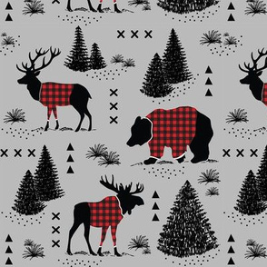 Bear, deer and moose - buffalo plaid and forest - Dark grey background
