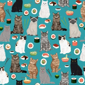 cat sushi teal fabric cute kawaii fabrics