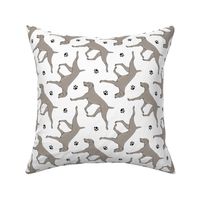 Trotting Weimaraner and paw prints - white