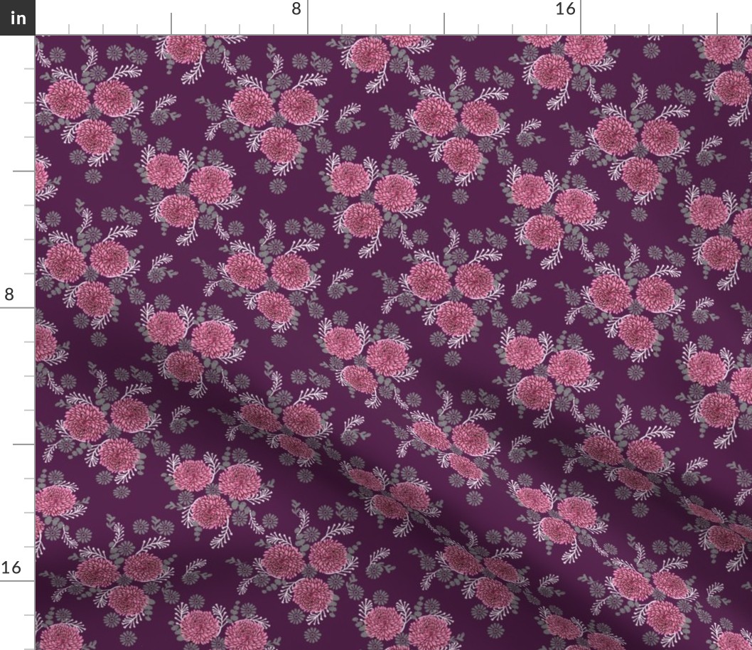 chrysanthemum purple florals fabric girls sweet block printed flowers