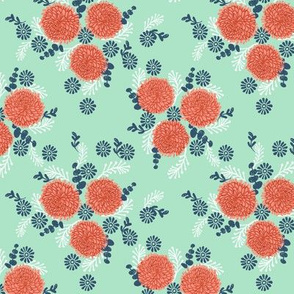 chrysanthemum mint and coral florals fabric girls sweet block printed flowers