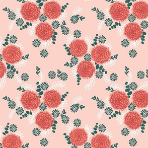 chrysanthemum pink and coral  florals fabric girls sweet block printed flowers