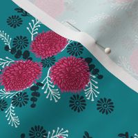 chrysanthemum teal and pink florals fabric girls sweet block printed flowers